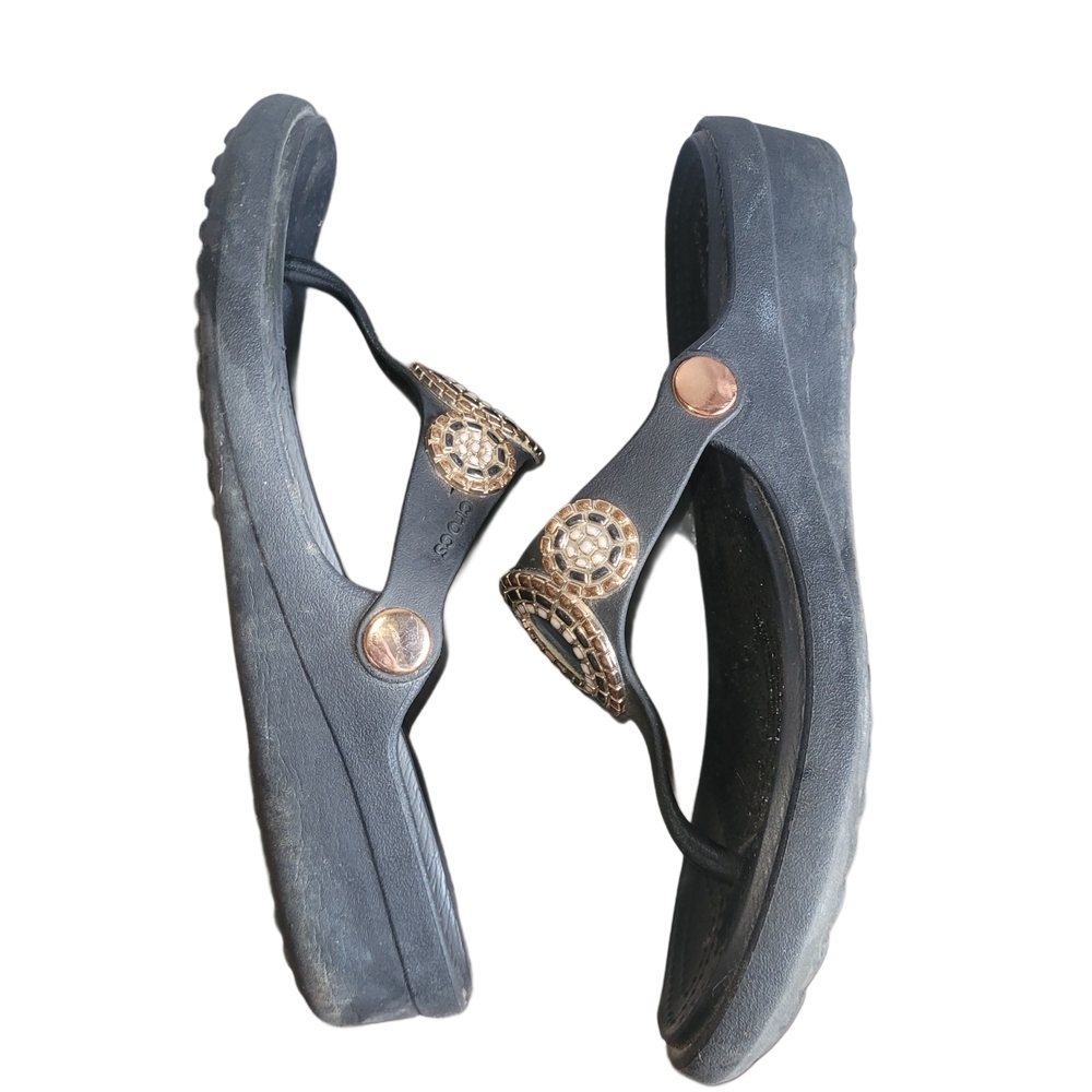 CROCS Black Sanrah Diamante Wedge Flip Sandal Size 8W